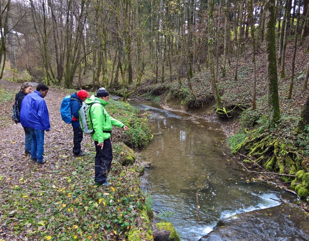 Fischereiexperten diskutieren am Gäbelbach über die Aussichten für das Abendessen.